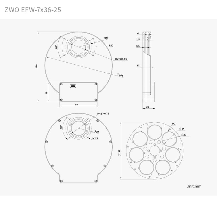 ZWO EFW 7x36mm (2025) 7-Slot Precision Electronic Filter Wheel