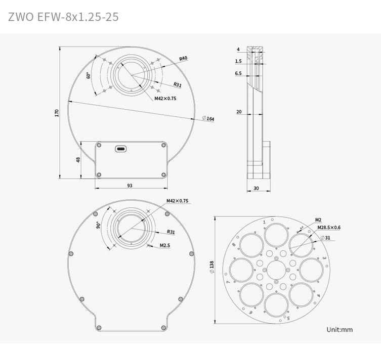 ZWO EFW 8x1.25"/31mm (2025) 8-Slot Precision Electronic Filter Wheel
