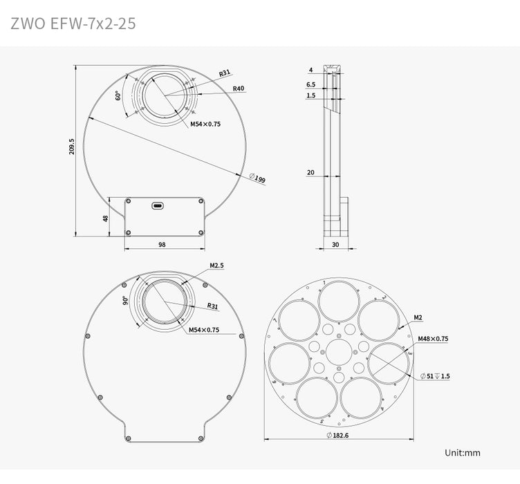 ZWO EFW 7x2" (2025) 7-Position Precision Electronic Filter Wheel